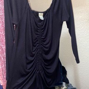 Lillian, plain black off the shoulder PLUS SIZE blouse tied at the bottom